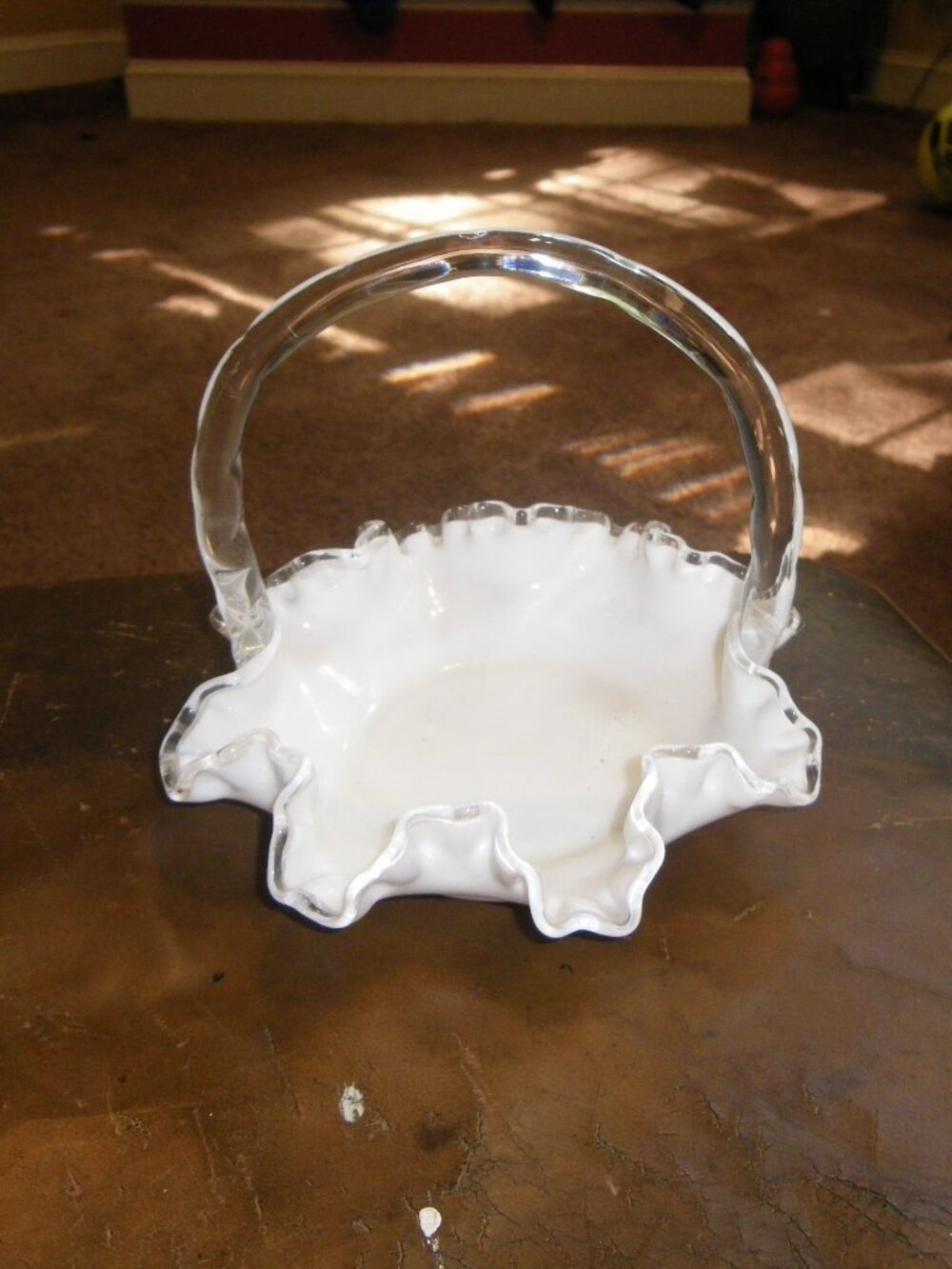 Vintage Glass Basket Shaped Dish w/ Ruffled Edges & Handle Classic Home Decor